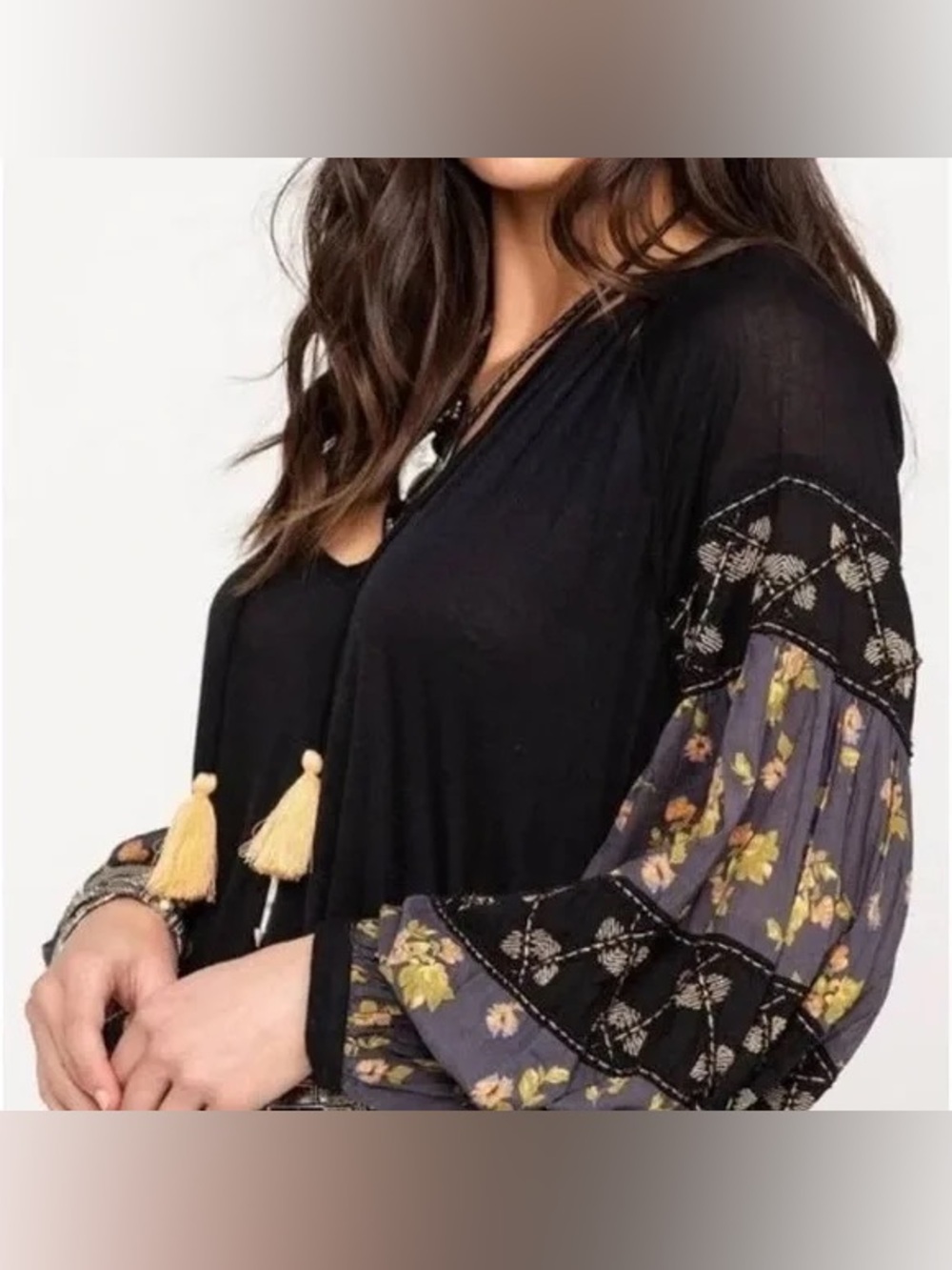 Free People Mix it Up Black Mini Tunic Dress with Floral Balloon Sleeves - Picture 5 of 14